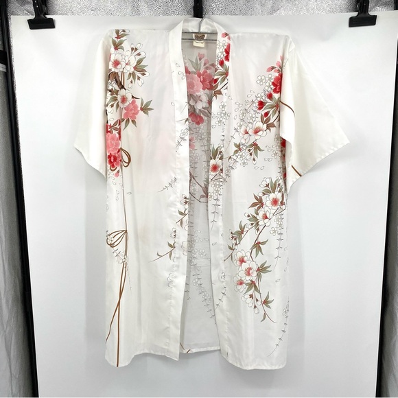 Vintage Kimono Women One Size Japanese White Poly Floral Coverup Asian Botanical - Picture 8 of 11